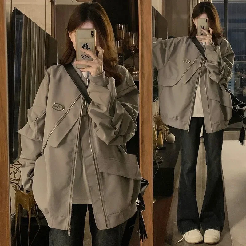 

Spring Autumn Feminine Solid Color Outwear 2025 Women Leisure Irregular Baseball Jacket American Ladies Long Sleeves Tops Coat