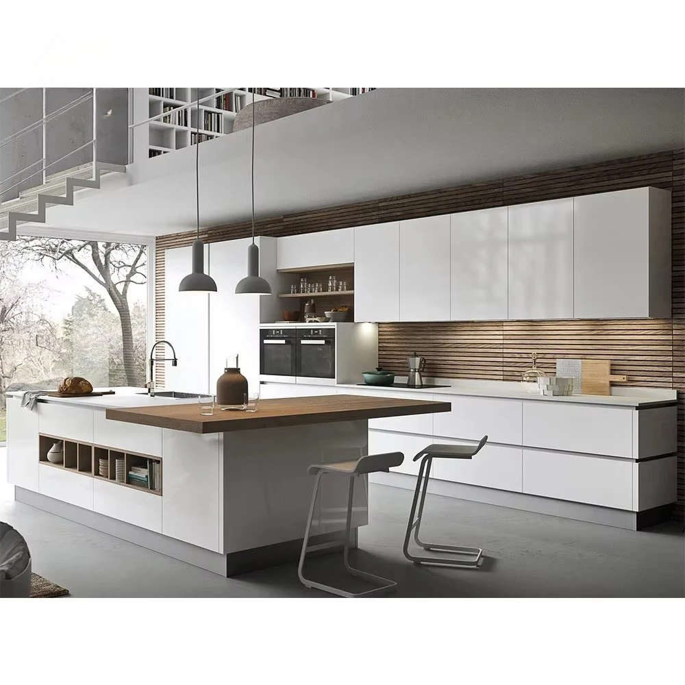 Full cabinets modern design custom cabinets handless push open white high-gloss kitchen furniture paint