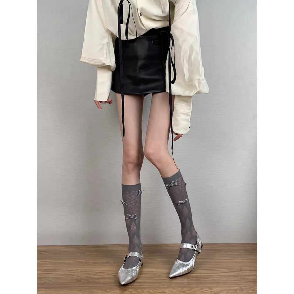 女子高生のコーヒーブラウンだらしないメッシュニーハイソックスちょう結びレース網タイツ甘い整形ふくらはぎソックスカジュアル/パーティー用