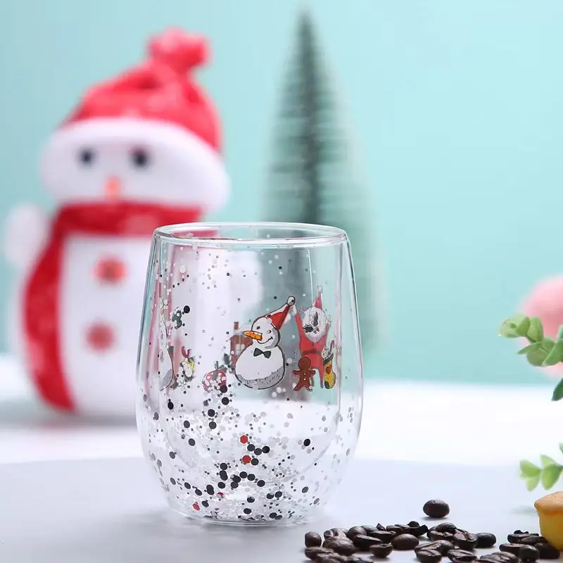 New 300ml Heat-resistant Double-layer Glass Cup with Flowing Sequins Christmas Cup Cute Cartoon Snowflake Christmas Tree Milk