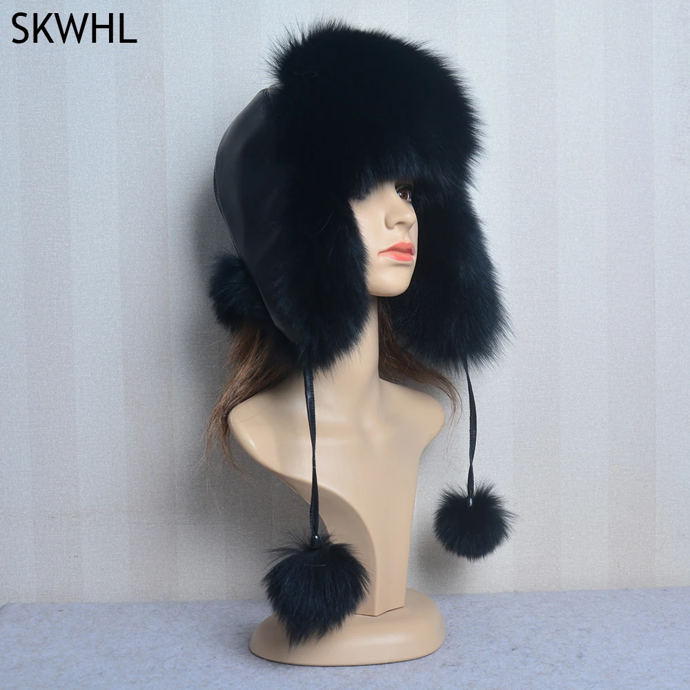 

Real Fox Fur Pompom Bomber Winter bonnet Hat Russian Female Beanies Natural Raccoon Fur Hat Knitted Skullies Beanies Women's Cap