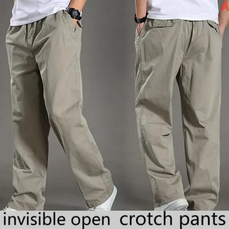 Crotch Pants Autumn Cotton Casual Pants Men's Baggy Straight Trousers with Double-Headed Invisible Zipper Couple Dating KTV