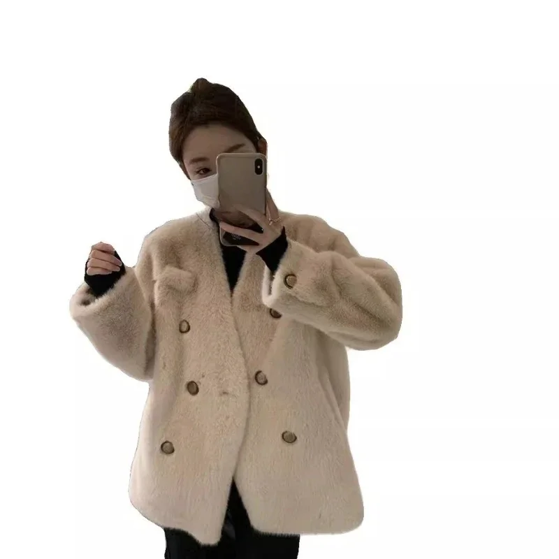 เสื้อแจ็คเก็ตเหมาเหมา รุ่นใหม่สำหรับฤดูหนาว สวยงาม อารมณ์หรูหรา อ่อนโยน แฟชั่นหลวม ขนเฟอร์มิงค์เทียมแบบผสมผสาน