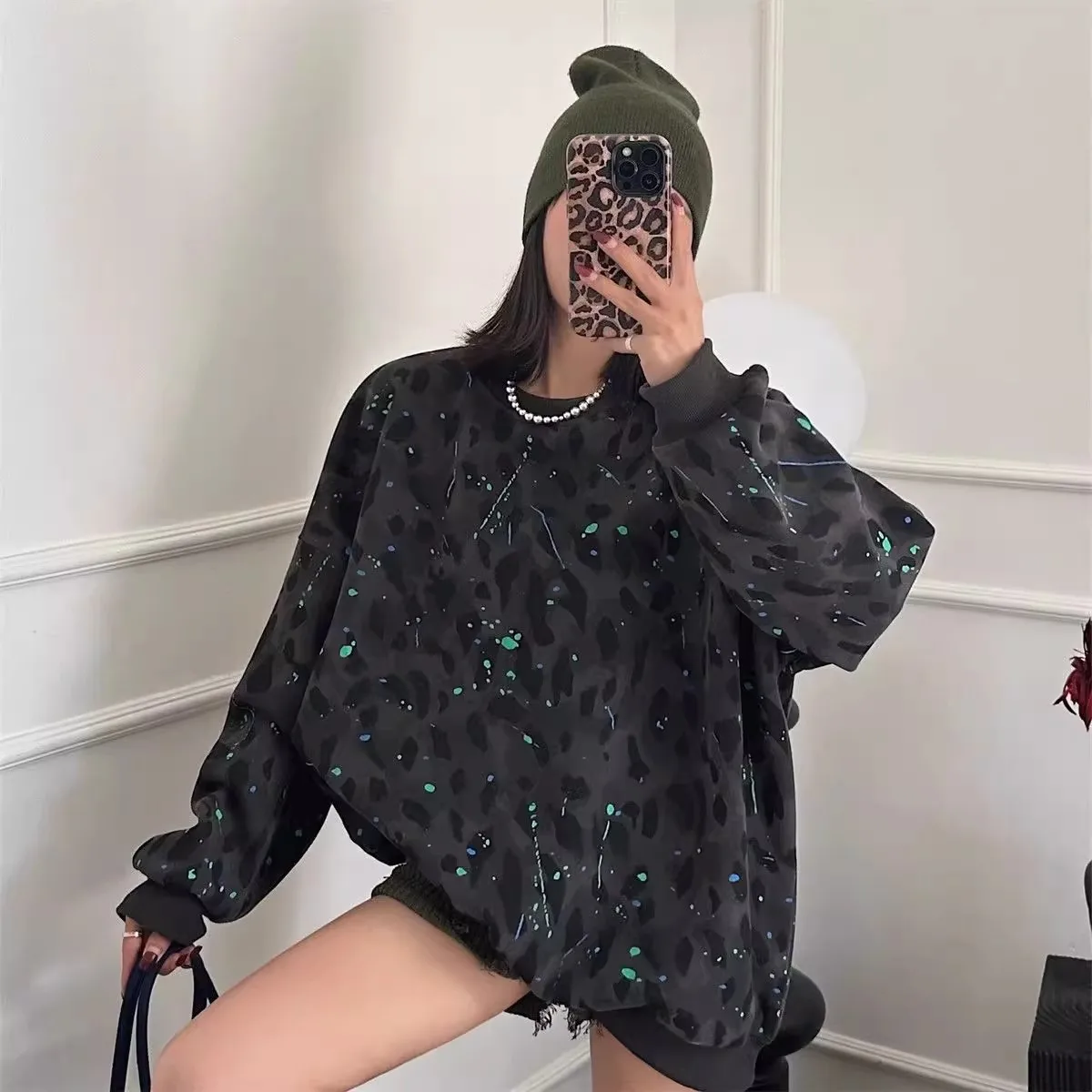 

Retro Large Size 300 Pounds Leopard Print Hoodie Men's Thickened Fleece round Neck Warm Spot Pattern Autumn Winter Sweatshirt