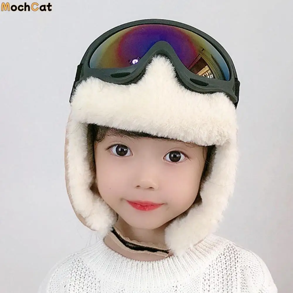 Cartoon Warm Ski Cap with Glasses Cute Goggles Plush Pilot Hat Earmuff Windproof Ear Protection Hats Winter