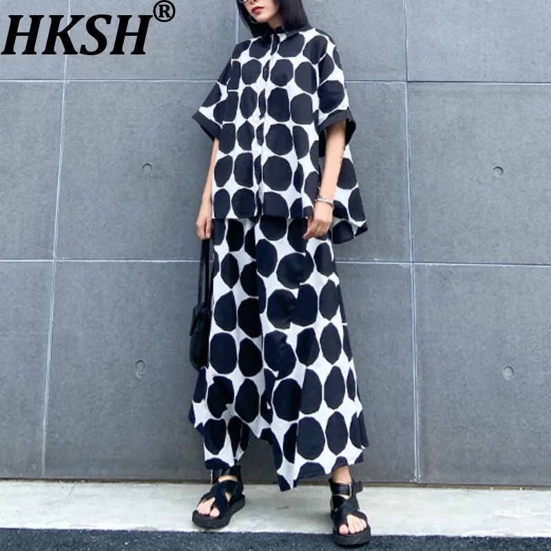 

Женский повседневный комплект HKSH из двух предметов: рубашка с рукавами «летучая мышь» и принтом в горошек, широкие брюки-шаровары, лето, HK21556