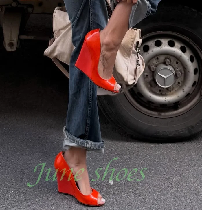 Women's Red Patent Pu Wedges Heel Pumps Peep Toe Street Slip On Sexy Daily High Heels Runway Office Hollow Pumps Size 34-46
