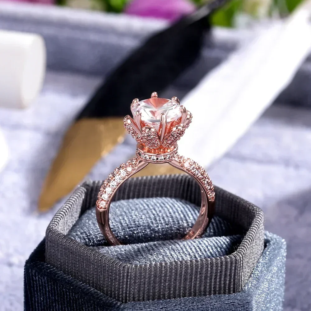 Huitan Lotus Design Luxury Solitaire round Zircon Crystal Women's Ring Classic Bridal Marriage Engagement Wedding Jewelry
