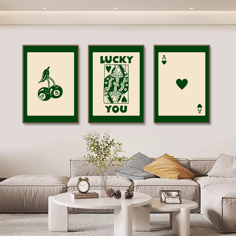 3pcs Queen Of Heart Ace Card Canvas Poster and Prints Lucky You Cherry Ball Canvas Paintings For Living Room Wall Art Home Decor