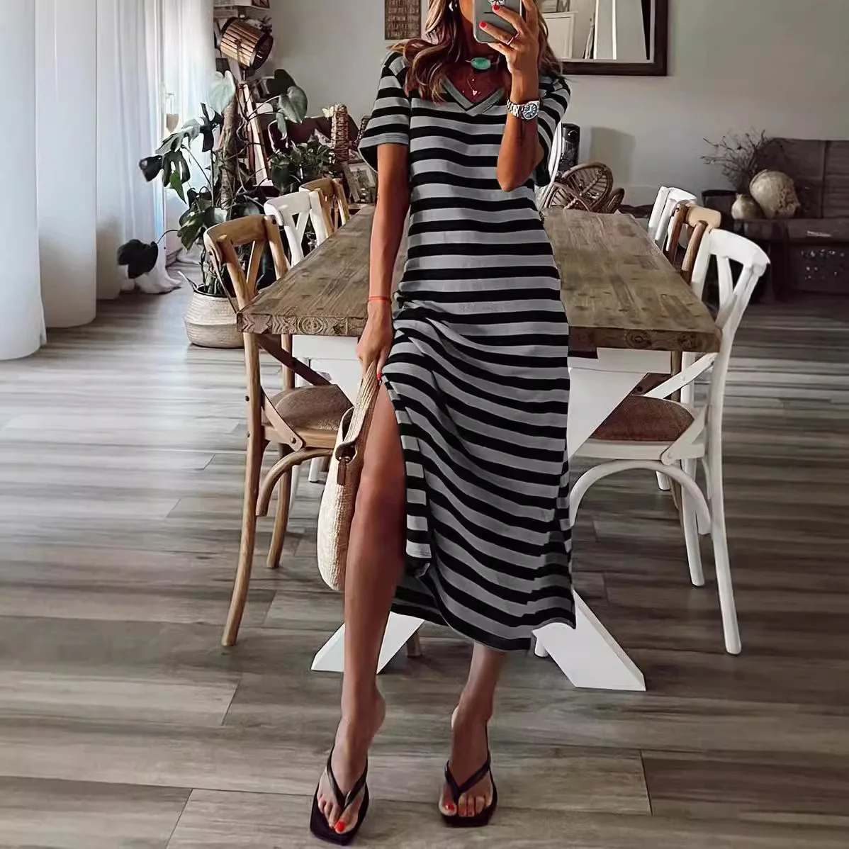 Summer 2025 Women's Loose Svel Striped Straight Dr Street Sle Cotton Polyester A-Line Dr V-Ne Long Dr