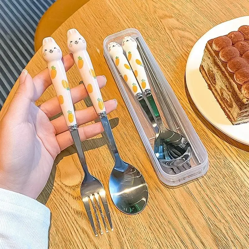 

3Pcs Cute Cutlery Set Cartoon Bunny Stainless Steel Cutlery Kit Mirror Polished Flatware Sets Spoon and Fork Set in Storage Box