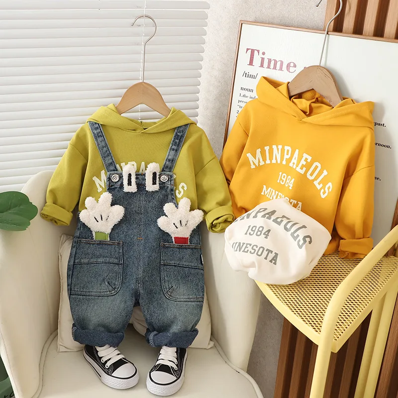 

1-8Y Children's Spring Autumn 2 sets boys and girls solid color hooded long sleeve hoodie cowboy suspenders pant suit 90-120cm