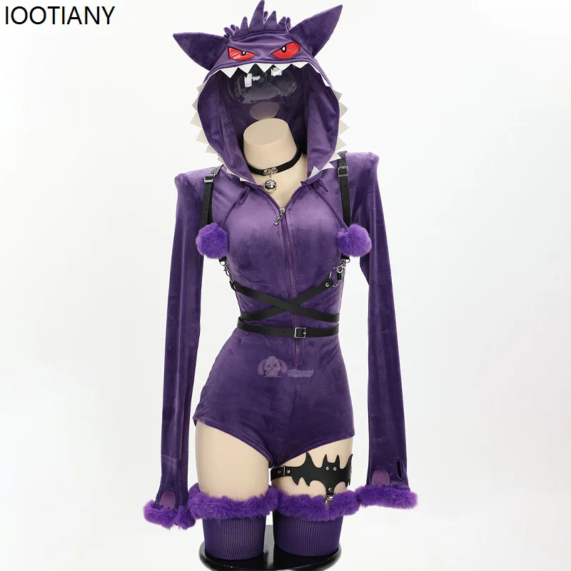 Halloween Women Sexy Little Devil Cosplay Jumpsuit Adult Purple Ghost Horror Plush Hooded Set With Socks Belt Tail Carnival Suit