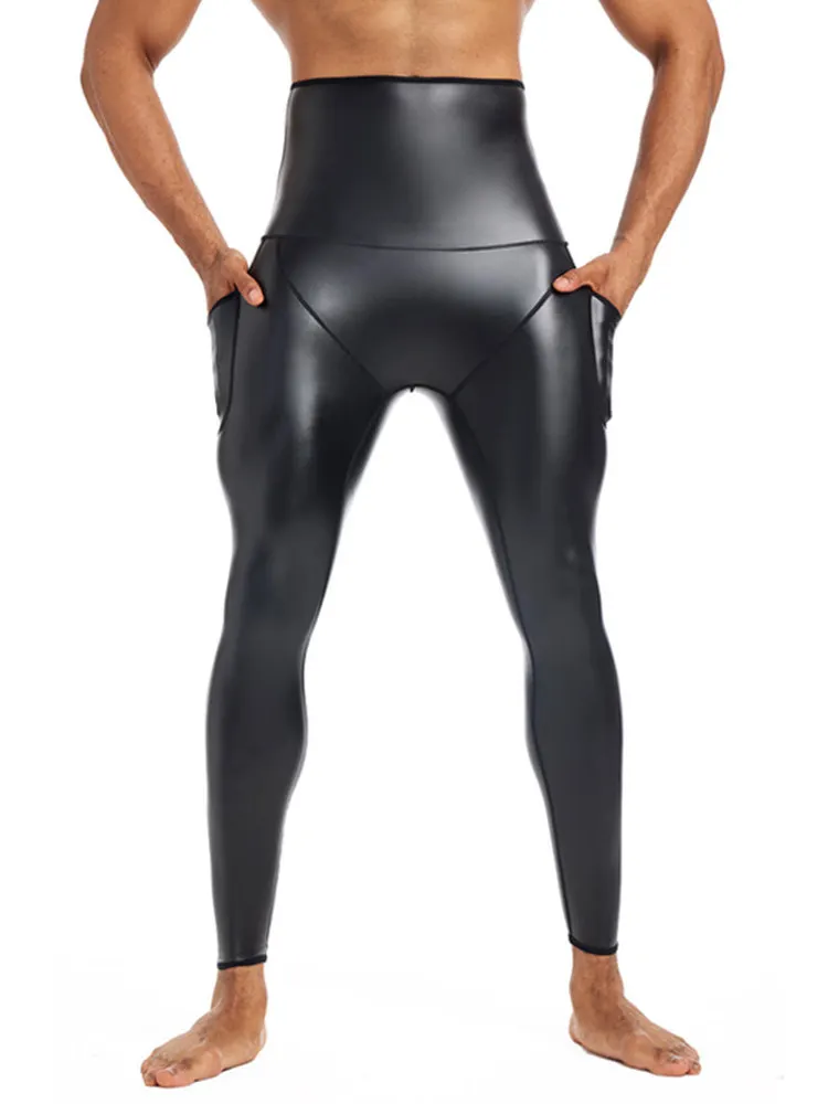 

Men's PU Leather Tight Fit ket Pants High Waist Large Size High Elastic Abdomen Sl Fitn Yoga Sports Thin Base Lay...