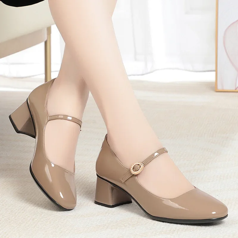 Women's Shoes Fashion Square Toe Soft Leather Soft Bottom High Heel Single Shoes 2025 Spring Summer New Lady Low Heel Work Shoes