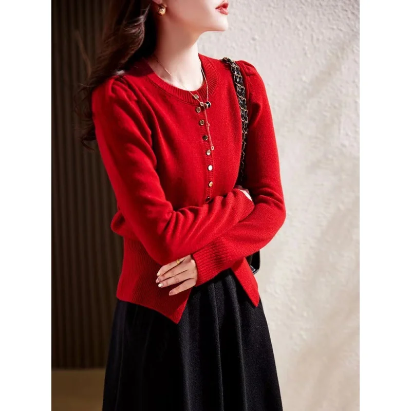 2023 Autumn New slim chic single-breasted split long sleeve wool fashion short temperammed knitted cardigan women