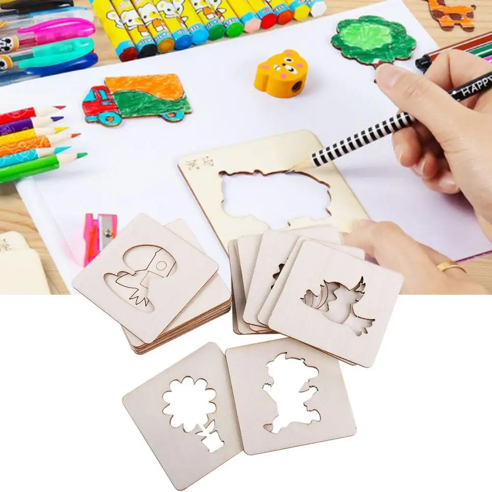 Kit de jogo educacional, estênceis de pintura de madeira, aprendizagem, brinquedos educativos, estêncil de madeira, placa externa, modelo de pintura diy