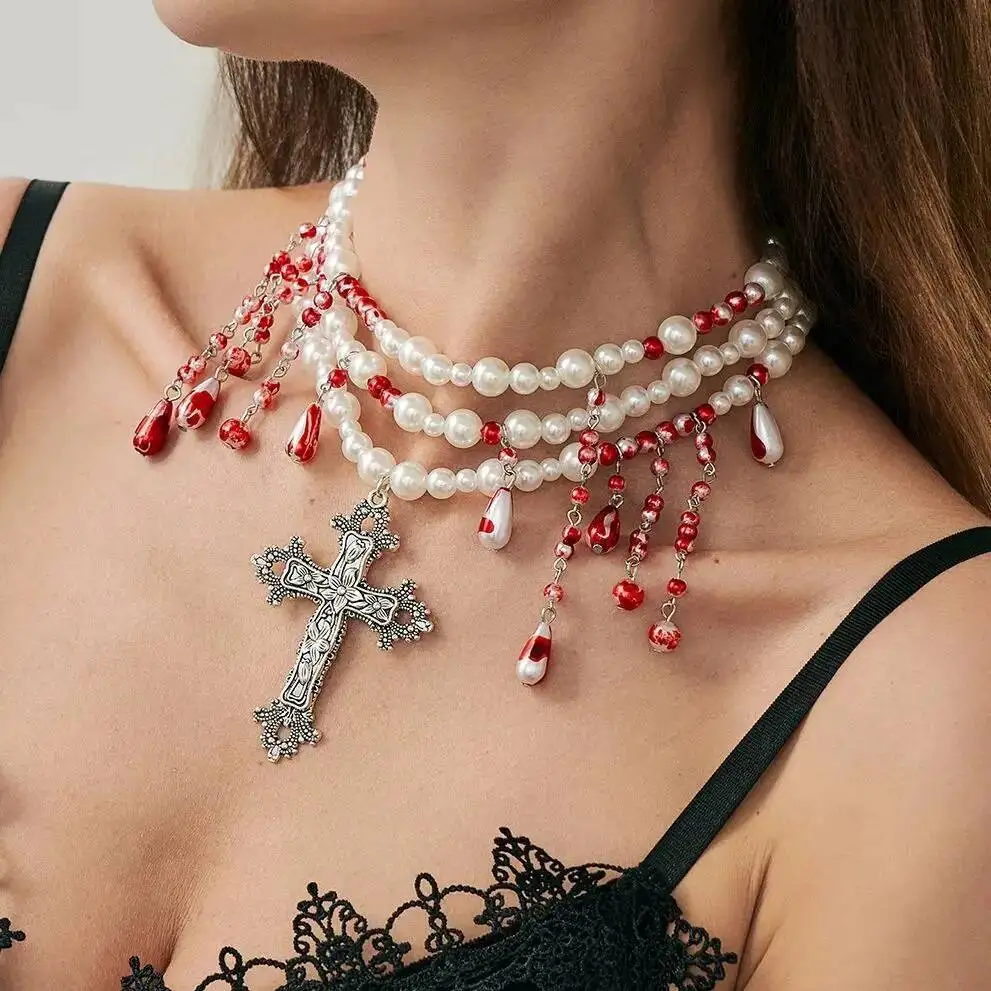 

PuRui Women's Gothic Style Multilayer Necklace Red Blood Drop Imitation Pearl Tassel Big Cross Clavicle Choker Halloween Jewelry