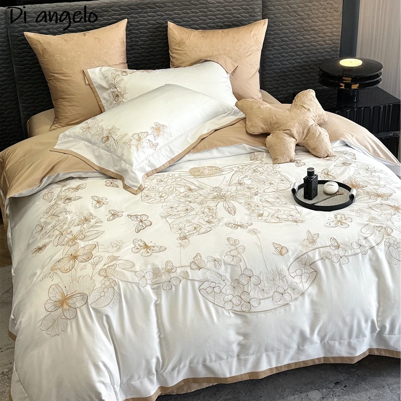 Black White Butterfly Embroidery Egyptian Cotton Bedding Sets, Duvet Cover, Bed Sheet, Pillowcase, Queen King, Wedding Gift, #/L