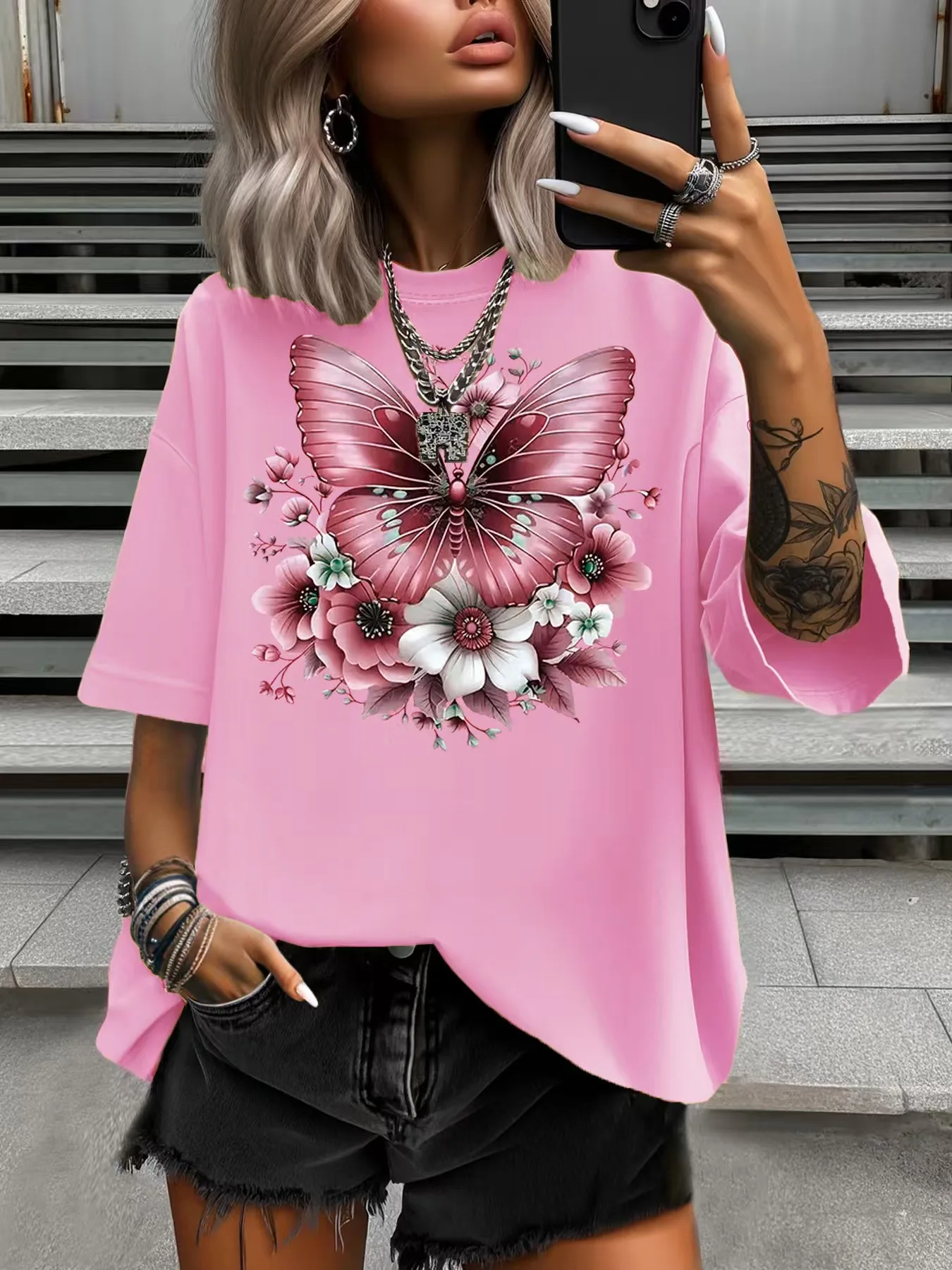 

Summer Women's Plus Size T-Shirt Original Design Fashion Pink Butterfly Flower Print Women's Casual Crew Neck Short Sleeved Tops