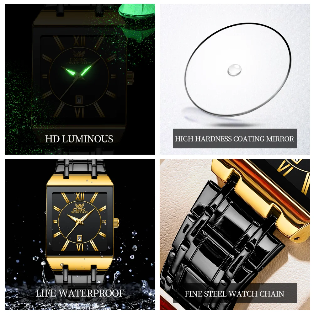 Zegarek kwarcowy marki OPK, kwadratowy, wodoodporny, dla mężczyzn, model 8156