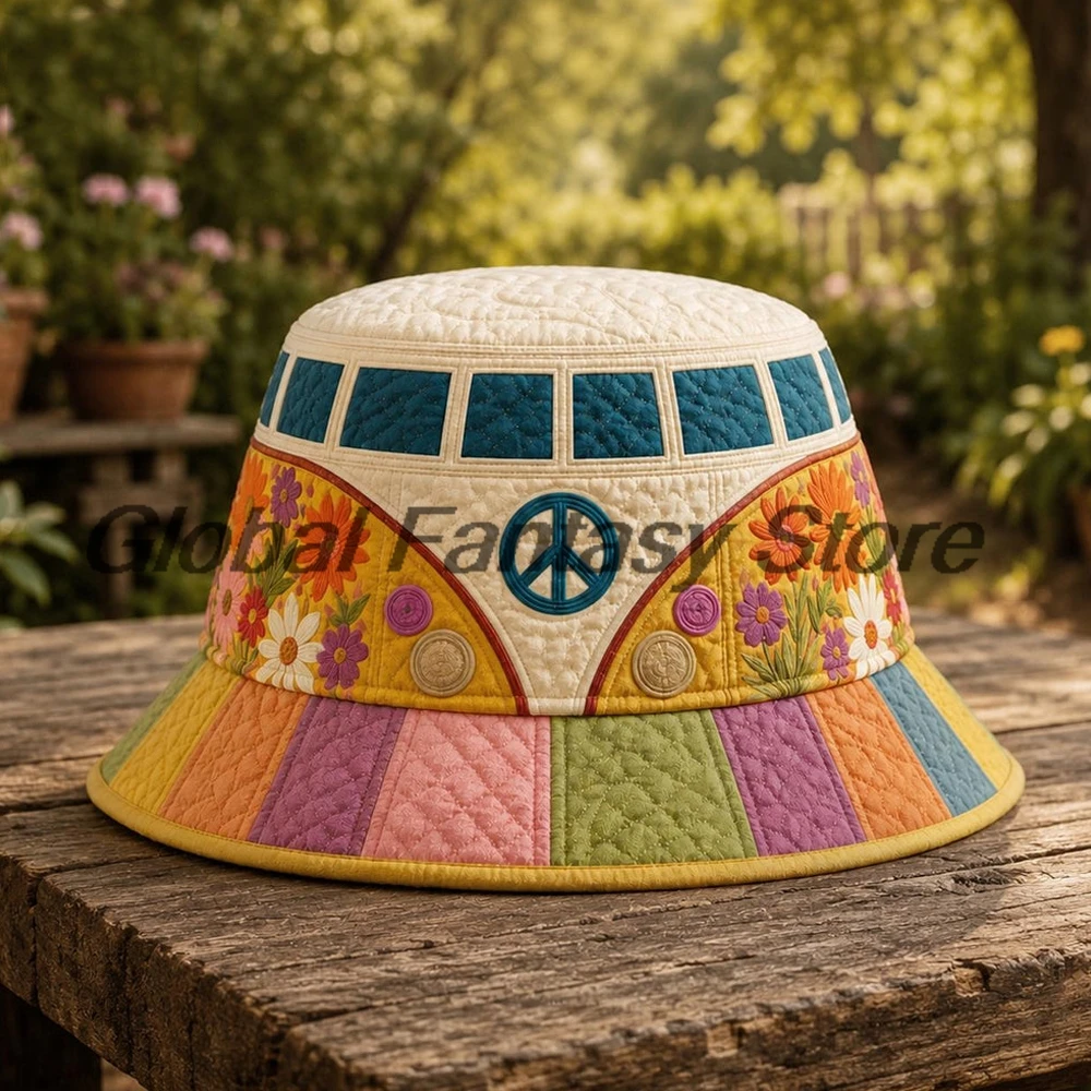 Boho Retro Hippie Quilted Bucket Hat Peace Sign Floral Print Fisherman Cap Men Women Outdoor Holiday Party Hats