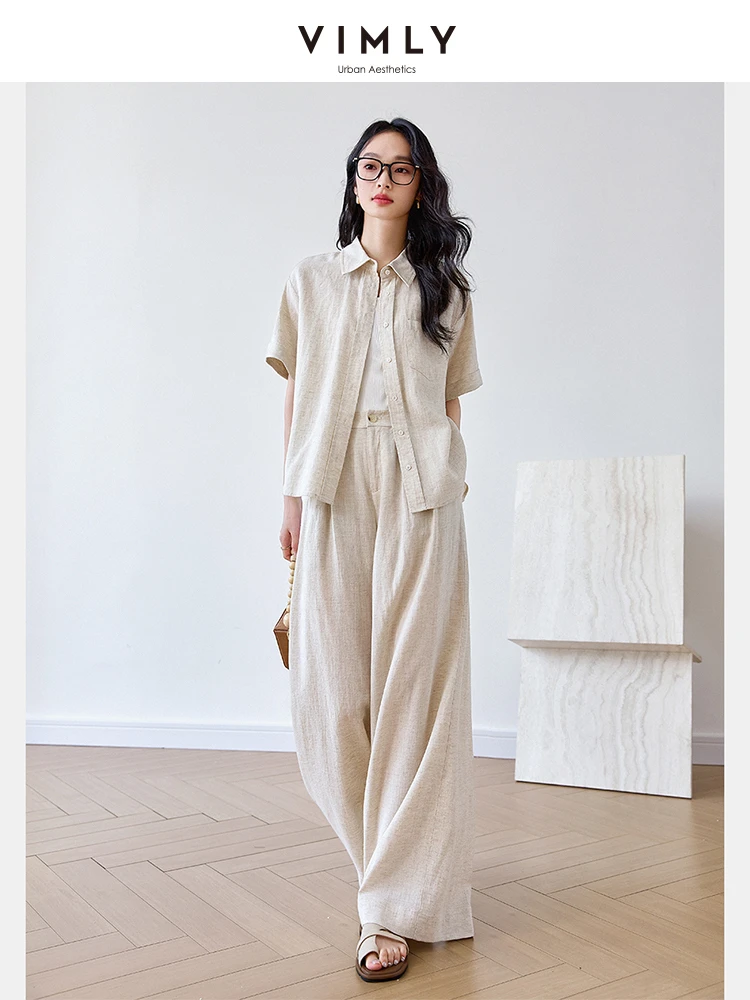 

Fashion Casual Shirt Set Women's 2025 Summer Loose Short Sleeve Top High Waist Wide Leg Pants Two-piece Set M9578