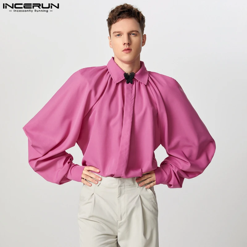 INCERUN Handsome New Men Tops Stylish Wide Silhouette Off Shoulder Bow Tie Shirts Casual Solid Pleated Long Sleeved Blouse S-5XL