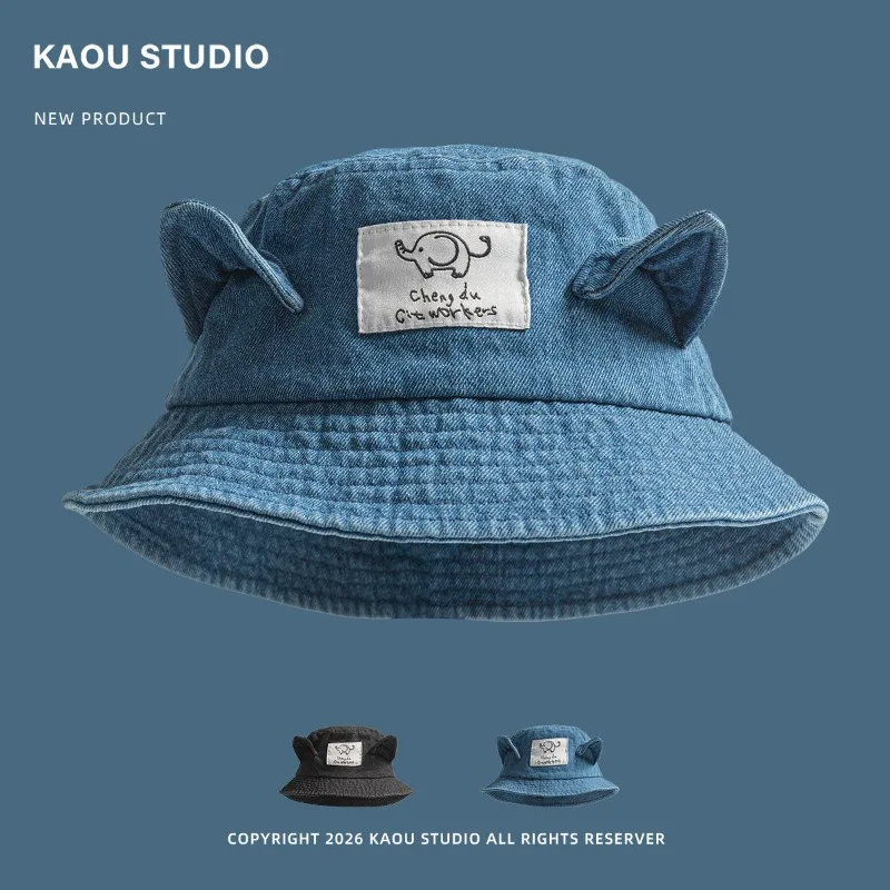 Cute Cat Ears Denim Bucket Hat Casual Versatile Fisherman Hats Spring and Summer Wide Brim Patch Design Sun Cap for Women's