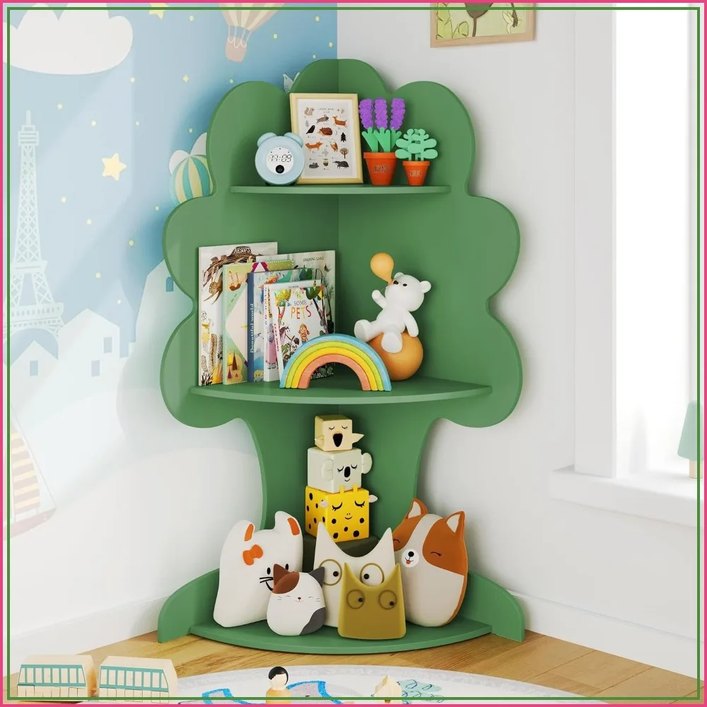 Corner Bookshelf for Kids, Wooden Bookcase with Toy Storage, Nursery & Bedroom Organizer, Green