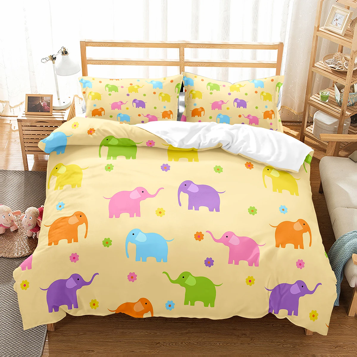 

Colourful Cartoon Elephant Duvet Cover Set King Queen Size for Kids Boys Girls Bedding Set Cute Wild Animals Comforter Cover