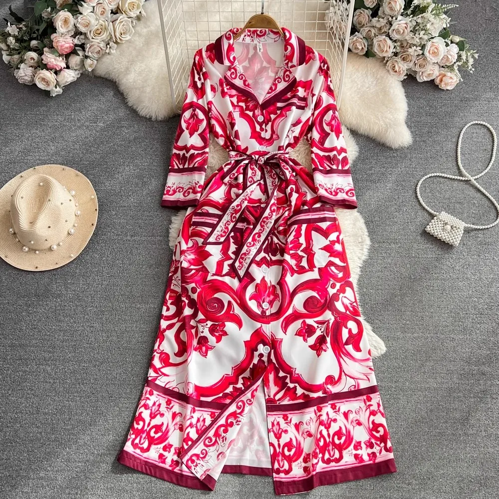 JAMERARY Autumn Fashion Red Blue And White Porcelain Print Long Dress Women Notched Single Breasted Laces Pocket Loose Vestidos