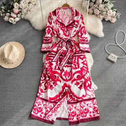 JAMERARY Autumn Fashion Red Blue And White Porcelain Print Long Dress Women Notched Single Breasted Laces Pocket Loose Vestidos