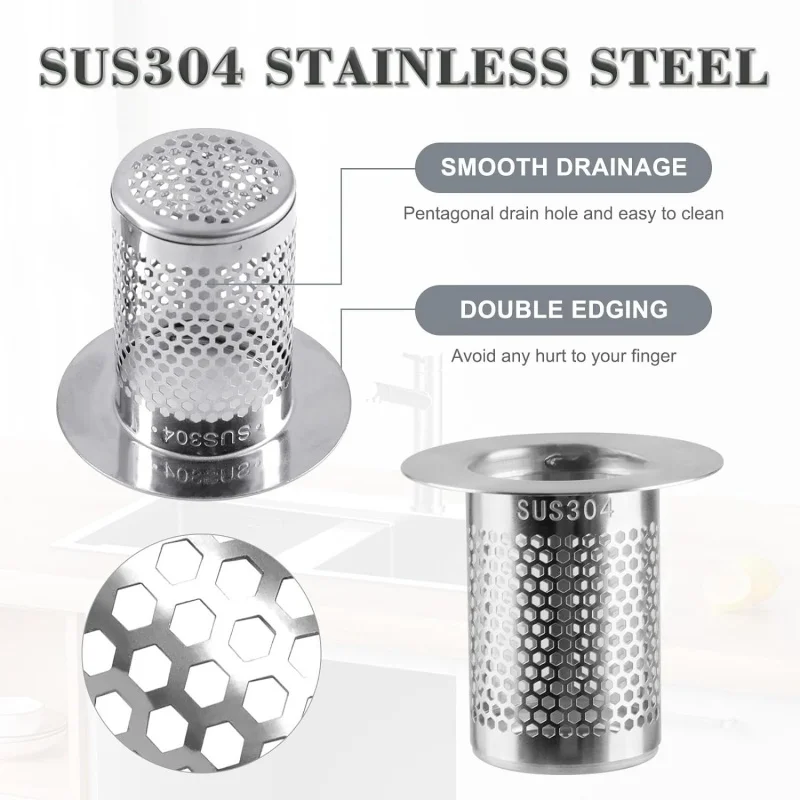 2PCS Stainless Steel Sink Strainer Floor Drain Filter Basket Shower Hair Catcher for Kitchen Sink Washbasin Pipeline Bathtub