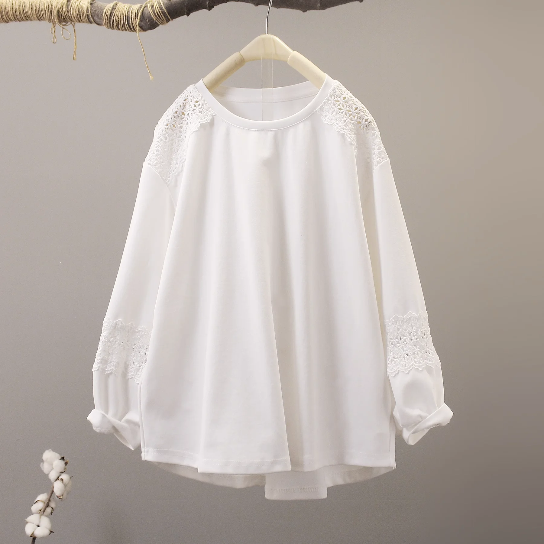 

2025 Japan style plus size tops for women summer original cotton white hollw out patchwork shirts long sleeve tops base shirts