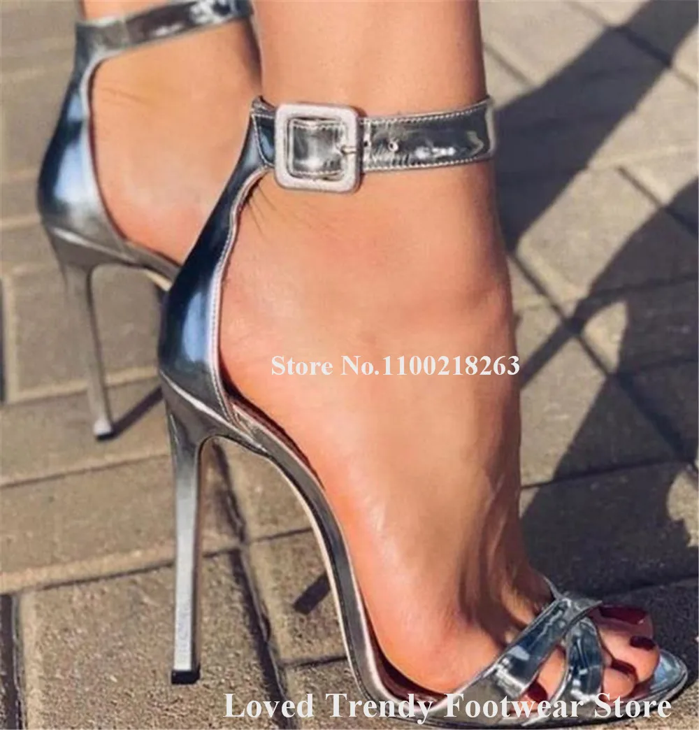 Elegant Silver Patent Leather Thin Heel Sandals Open Toe Straps Cross Ankle Straps Stiletto Heel Dress Shoes Wedding Pumps