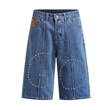 남성용 리벳 힙합 캐주얼 데님 반바지, 하라쿠주 블루 스트리트웨어 청바지, 루즈핏 