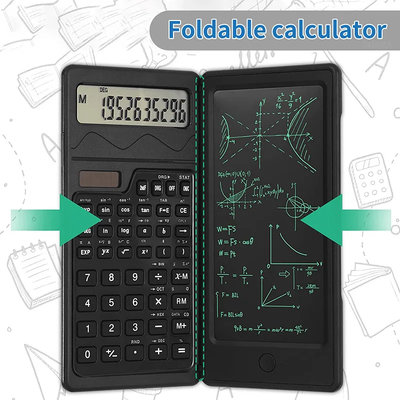 2 in 1 Foldable Scientific Calculators 10 Digits LCD Display With 6 Inch Writing Tablet Support Stylus Pen Erase Button Lock