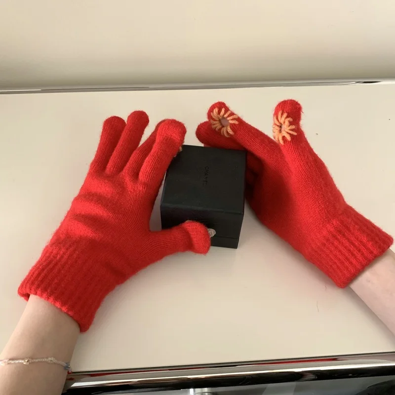 Женские вязаные перчатки для сенсорных экранов, зимние женские перчатки, теплые перчатки, однотонные пушистые рабочие перчатки в стиле Харадзюку, варежки для женщин