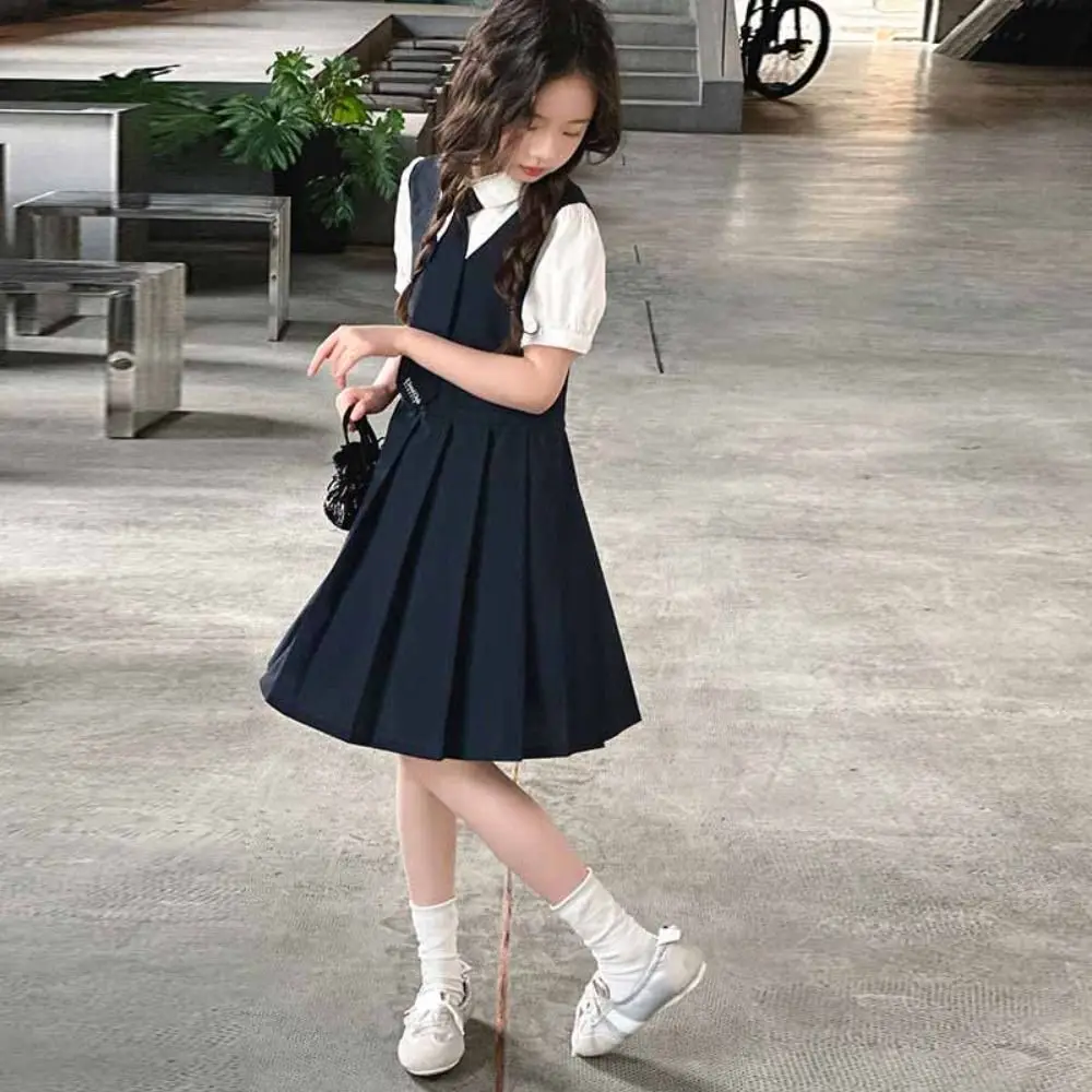 Fashion Pleated Fake Two Dress Preppy Style Teenagers Summer Girls Dresses Skirts Short Sleeve Children A-line Dress Holiday
