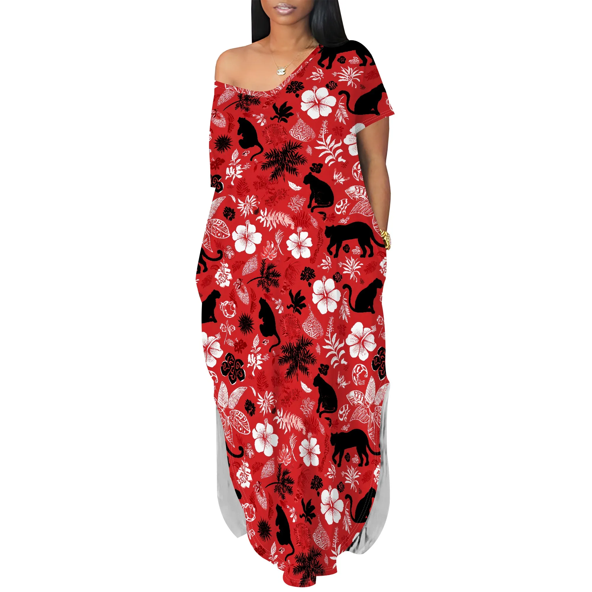 Abito estivo da donna casual a maniche corte con scollo a V, maglietta lunga, maxi abiti da spiaggia con spacco laterale ampio e tasca