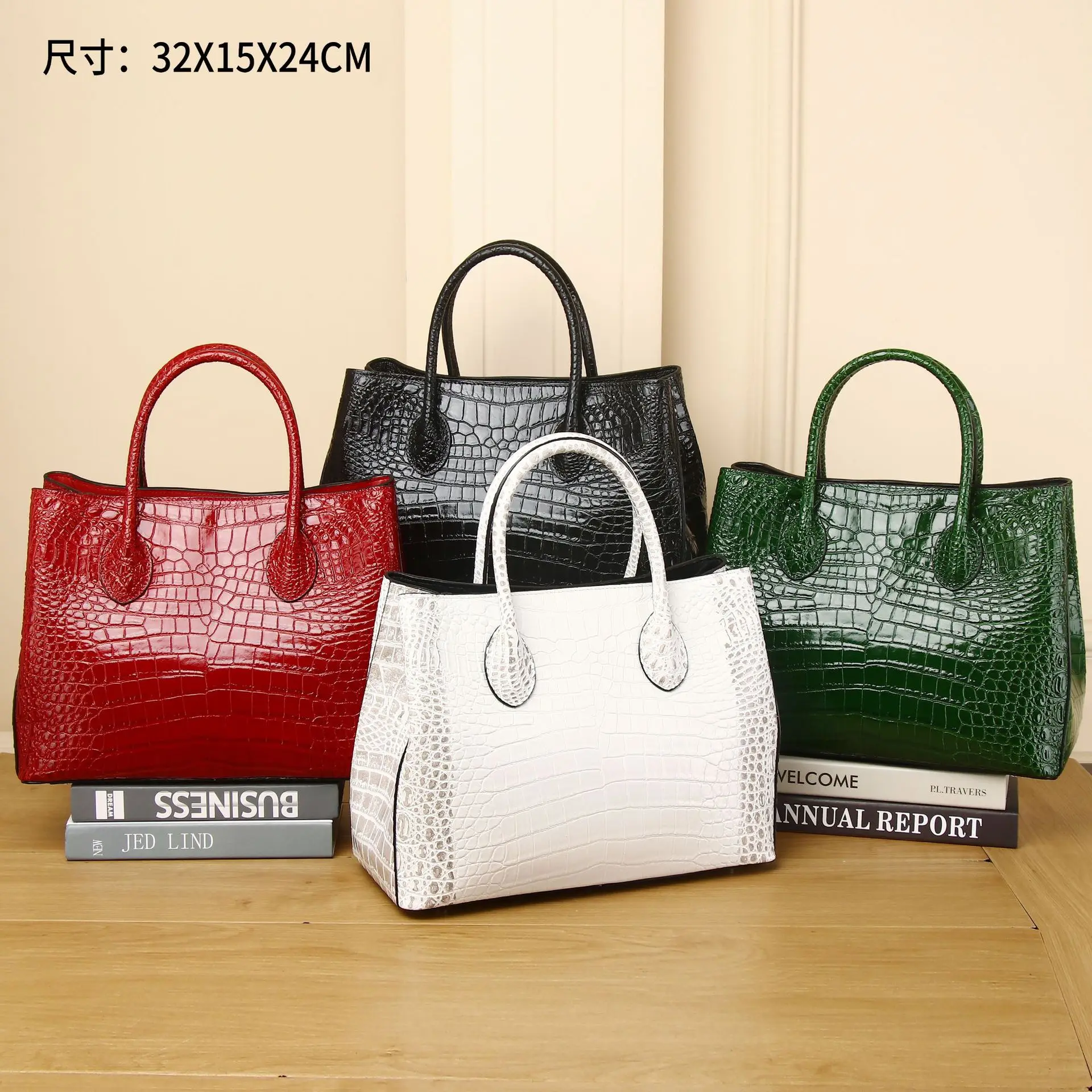 2026 New Crocodile Belly Pattern Women's Bag Large Capacity First Layer Cowhide Handbag Shoulder Crossbody Ladies Bag