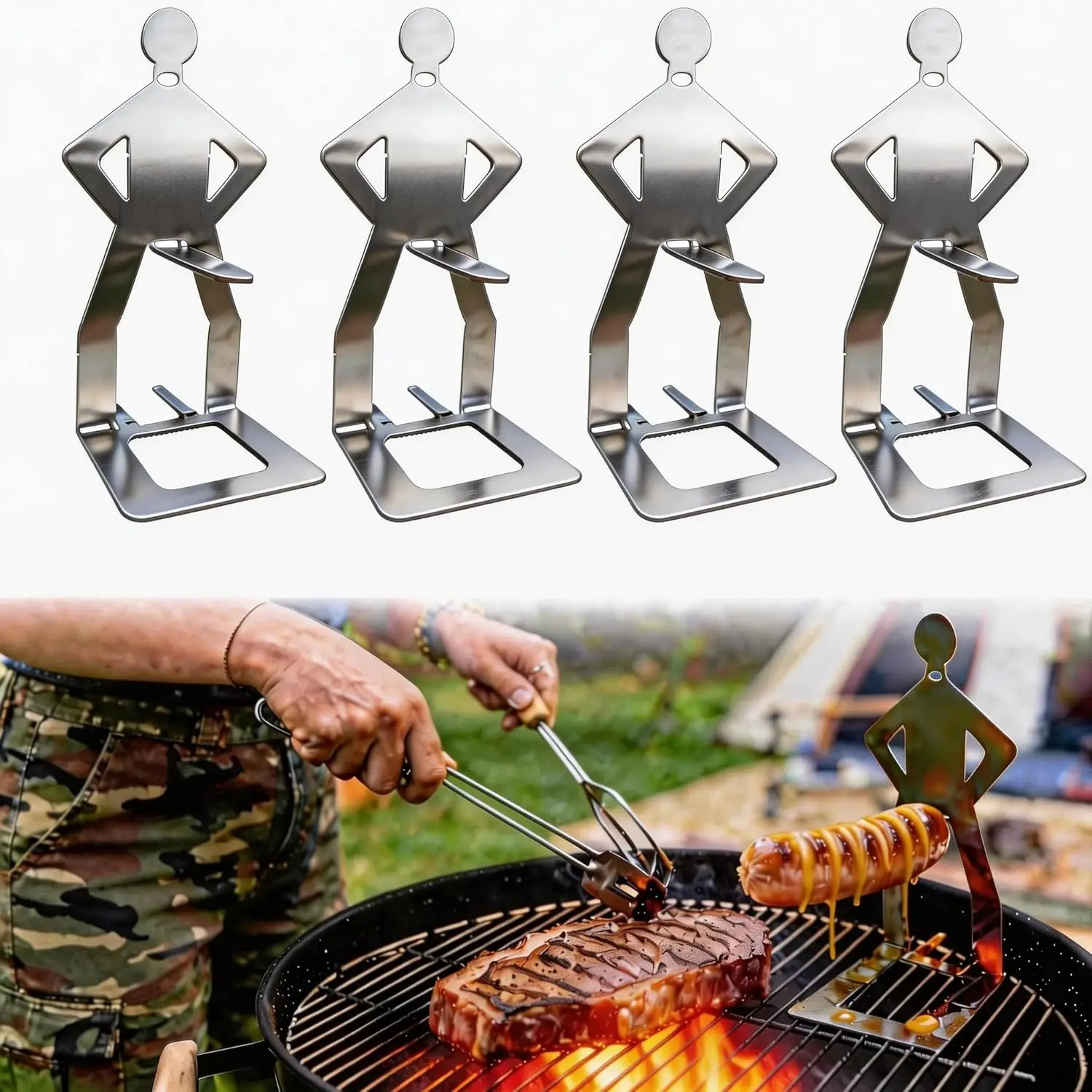 BBQ Strongman Sausage Holder 1-10Pcs Stainless Steel Fun Sausage Grill Reusable and Easy-to-Clean Hot Dog Grill Camping Supplies