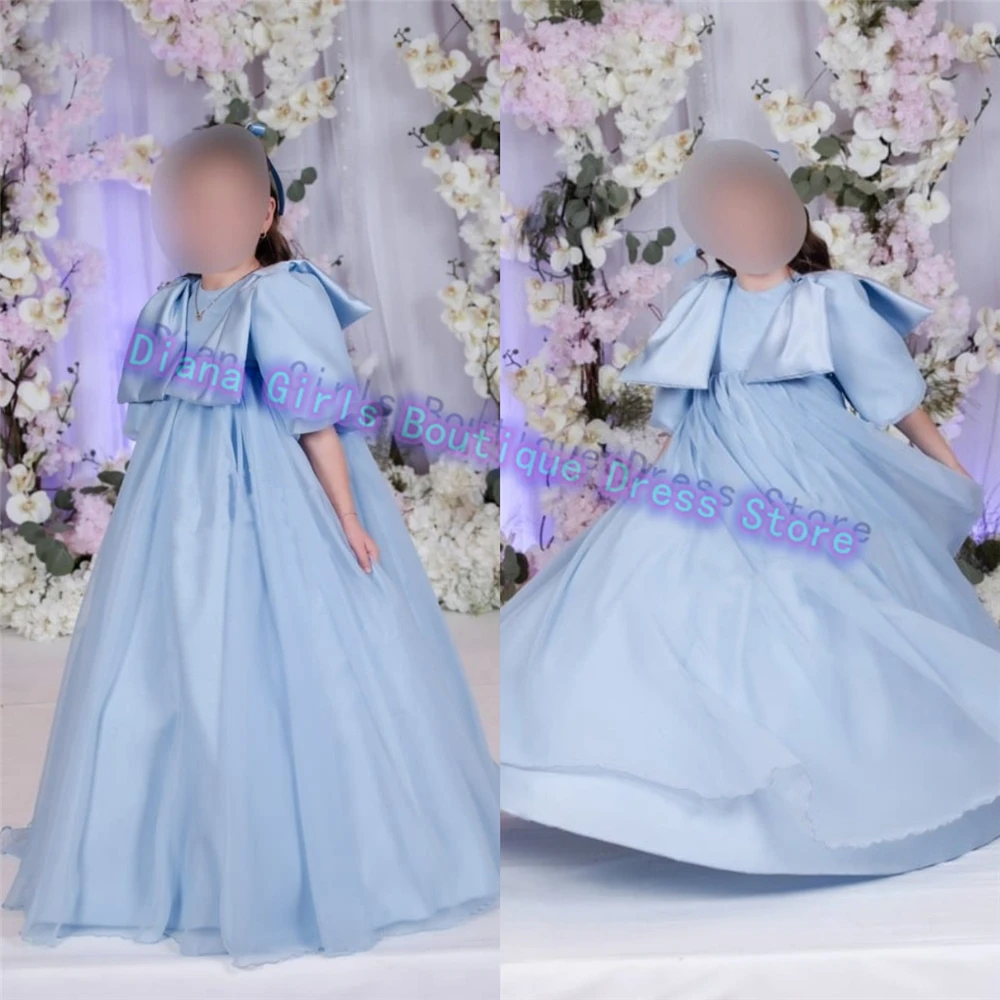 

Elegant First Communion Gown Blue Satin Fluffy Flower Girl Dress Half Sleeve Little Princess Birthday Party Evening Gowns