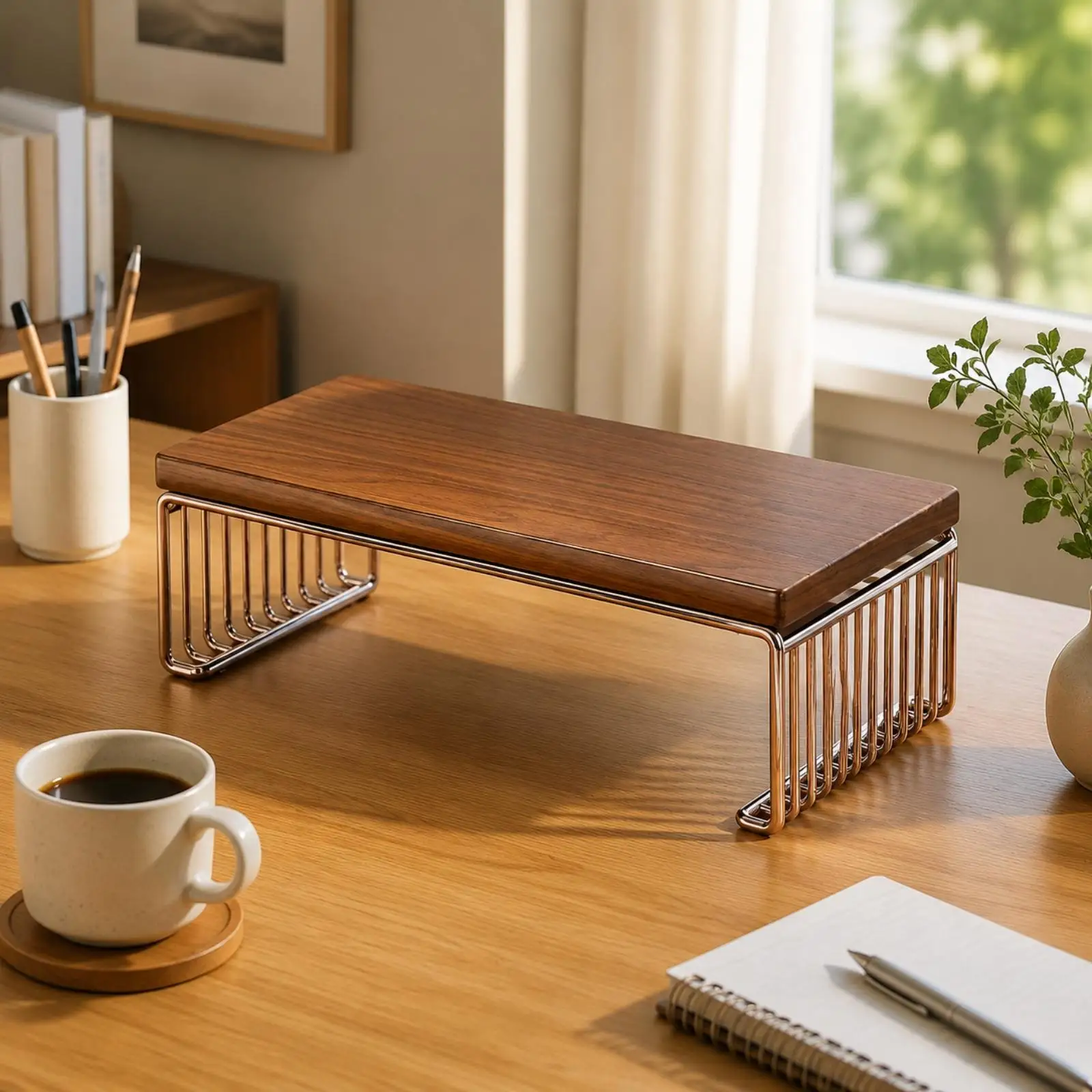 Desktop Riser with Open Storage Stable Walnut-Tone Computer Screen Shelf Space-Saving Wood-Top Computer Screen Stand for Home