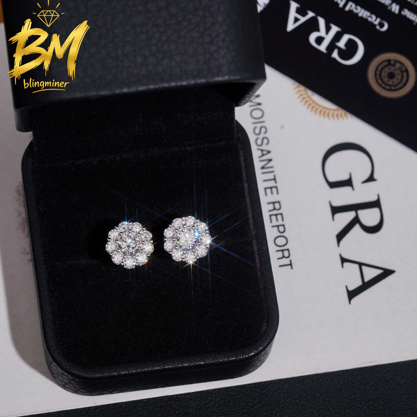 Blingminer Flower Iced Out 8mm VVS Moissanite Earrings For Men Women S925 Silver Ear Studs Jewelry Pass Diamonds Tester GRA