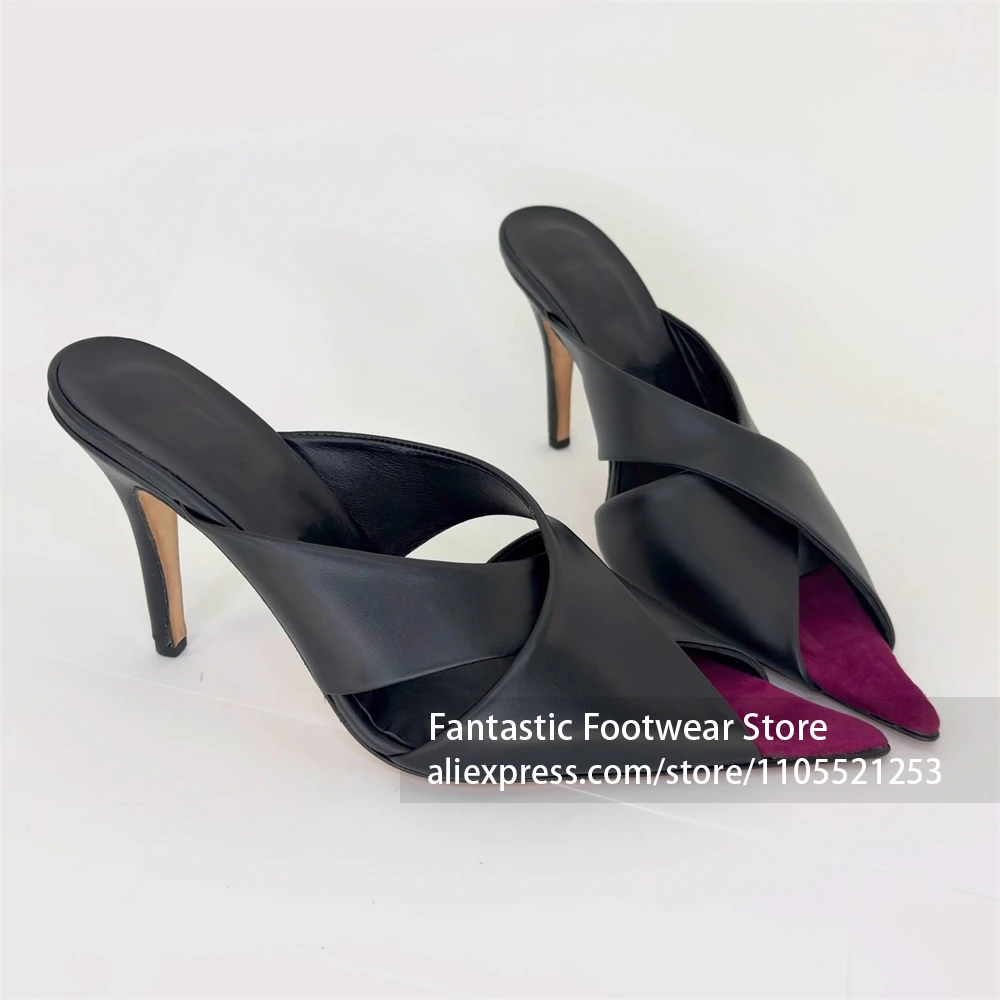 

Black Leather Red Suede Pointed Mules Cross Strap Slip On Open Back Stilettos Sexy Style Slip on Handmade Summer Shoes for Women