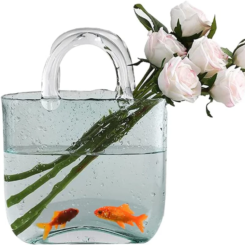 2 in 1 Glass Bag Flower Vase Fish Tank Living Room Decoration Bubble Handbag Vase Water Arrangement Ornaments Wedding Decor