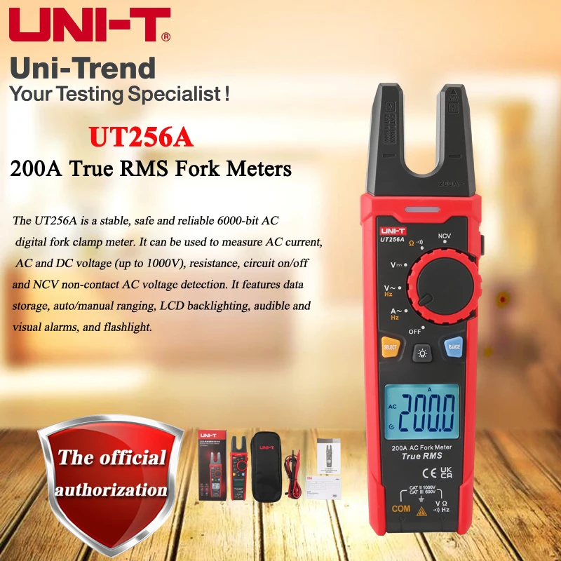 UNI-T UT256 Series 200A True RMS Fork Meters UT256A; AC/DC 1000V Voltage Measurement/NCV/Resistance/On-Off Testing