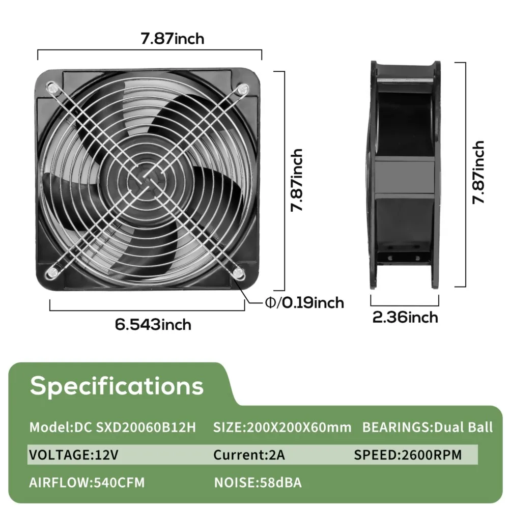 New Large Size 200mm 20060 20cm DC 12V High Air  Flow 540CFM 200X60MM for Vehicle Car EV Charger Station Industrial Cooling Fan